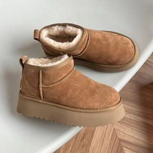 PUMPKIN PLATFORM SOLE FAUX FUR LINING ULTRA MINI ANKLE BOOT BROWN FAUX SUEDE